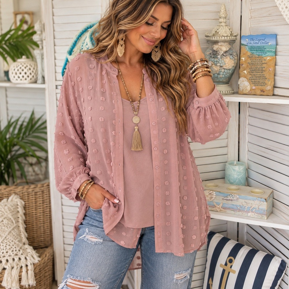 Cato XL Mauve 2 Piece Set Semi Sheer Clipped Dot Button Down Tunic & Tank